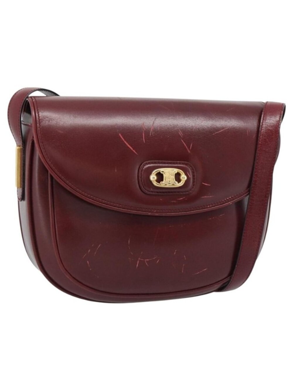 Authentic CELINE Shoulder Bag Leather Bordeaux Gold